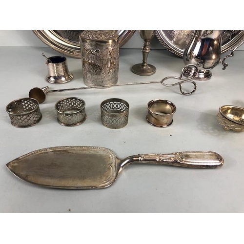 82 - Antique and modern Silver Plated Items, collection of items to include tankard, candle snuffer, napk... 