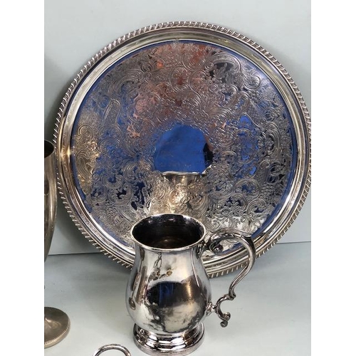 82 - Antique and modern Silver Plated Items, collection of items to include tankard, candle snuffer, napk... 