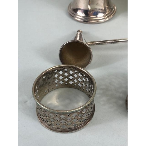 82 - Antique and modern Silver Plated Items, collection of items to include tankard, candle snuffer, napk... 