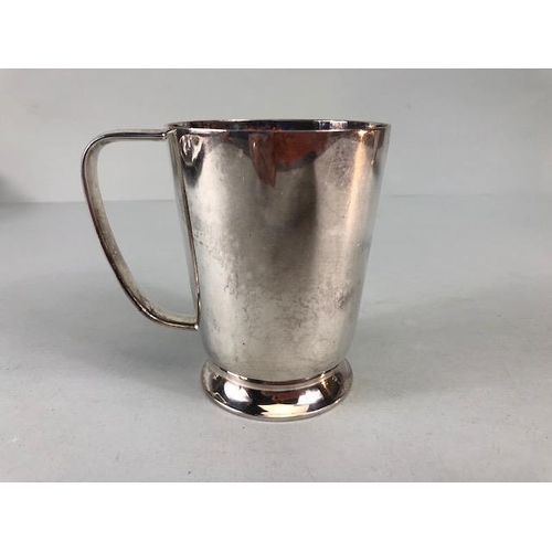 83 - Silver Plate by Walker and Hall comprising of two slim line mugs  approximately 9.5cm high,  tankard... 