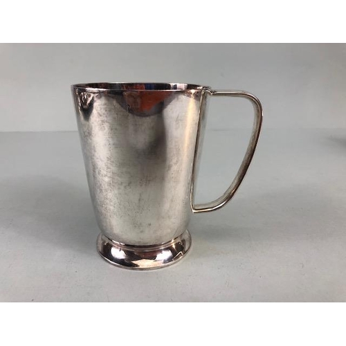 83 - Silver Plate by Walker and Hall comprising of two slim line mugs  approximately 9.5cm high,  tankard... 