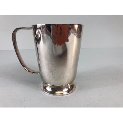 83 - Silver Plate by Walker and Hall comprising of two slim line mugs  approximately 9.5cm high,  tankard... 