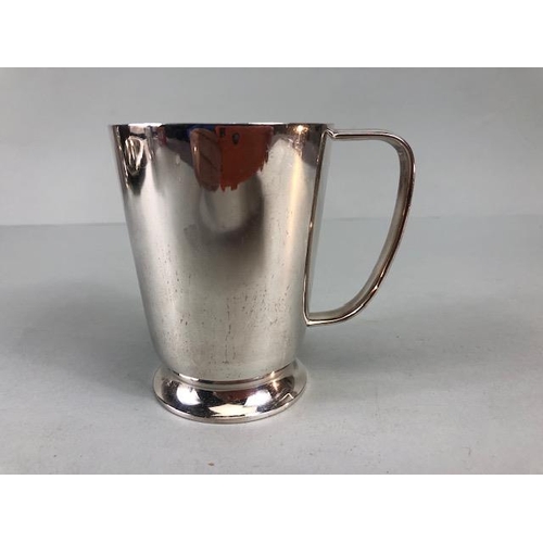 83 - Silver Plate by Walker and Hall comprising of two slim line mugs  approximately 9.5cm high,  tankard... 