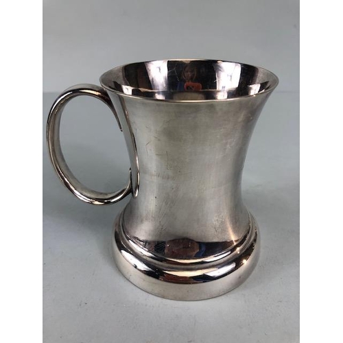 83 - Silver Plate by Walker and Hall comprising of two slim line mugs  approximately 9.5cm high,  tankard... 