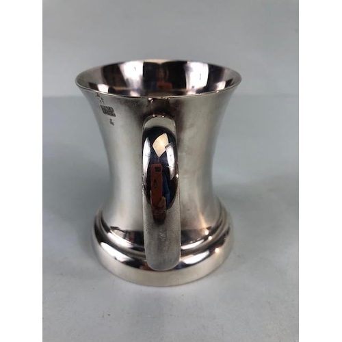 83 - Silver Plate by Walker and Hall comprising of two slim line mugs  approximately 9.5cm high,  tankard... 