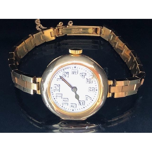 85 - Rolex watch, early 20th century ladies 15ct gold Rolex watch, round white ceramic face with Arabic n... 