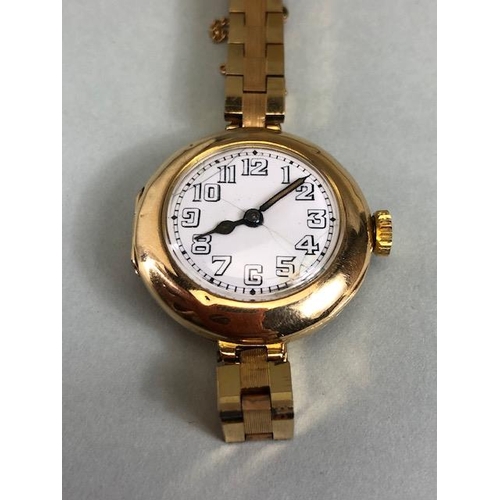 85 - Rolex watch, early 20th century ladies 15ct gold Rolex watch, round white ceramic face with Arabic n... 