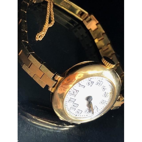 85 - Rolex watch, early 20th century ladies 15ct gold Rolex watch, round white ceramic face with Arabic n... 