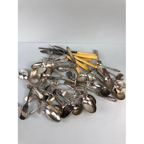 89 - Silver plated, EPNS, and Nickle cutlery , a quantity of spoons, forks, knives, ladles and other item... 