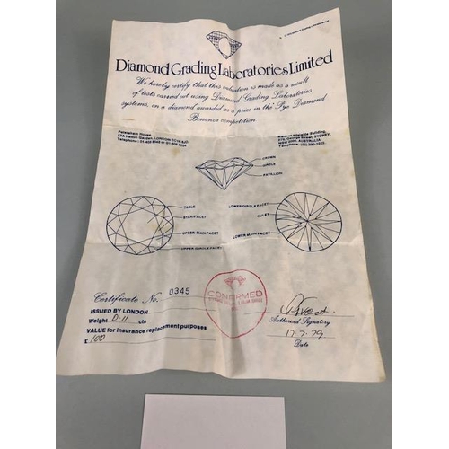 90 - Diamond, a loose 0.11ct diamond with diamond grading and valuation certificate from 1979