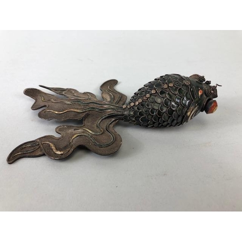 104 - Chinese white metal and enamel  articulated fan tail gold fish, approximately 17cm in length, A.F