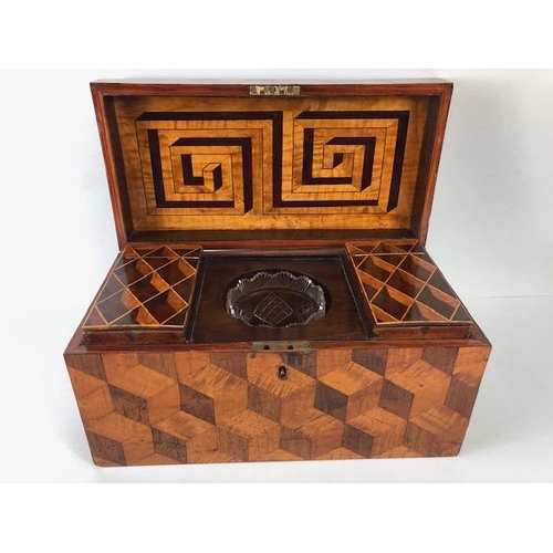 127 - Antique tea caddy, early 19th century caddy box inlaid with a geometric design in exotic woods the i... 