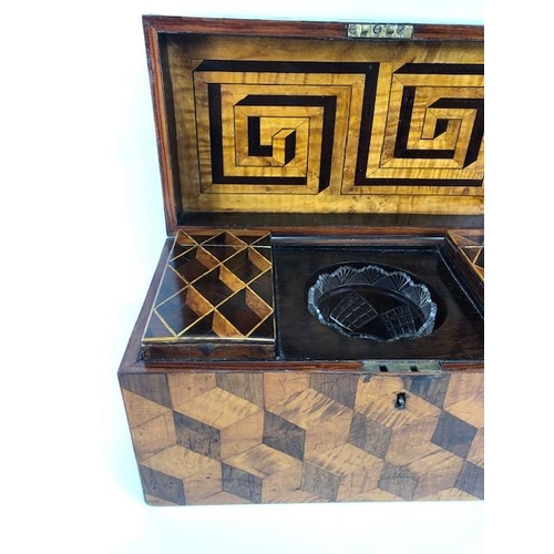 127 - Antique tea caddy, early 19th century caddy box inlaid with a geometric design in exotic woods the i... 