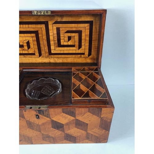 127 - Antique tea caddy, early 19th century caddy box inlaid with a geometric design in exotic woods the i... 