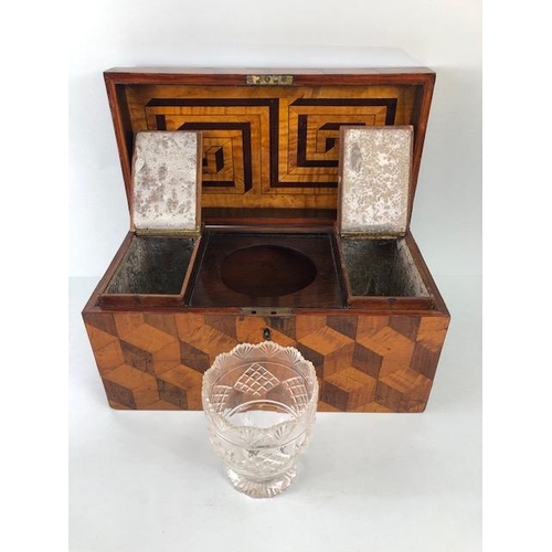 127 - Antique tea caddy, early 19th century caddy box inlaid with a geometric design in exotic woods the i... 