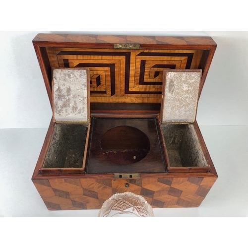 127 - Antique tea caddy, early 19th century caddy box inlaid with a geometric design in exotic woods the i... 