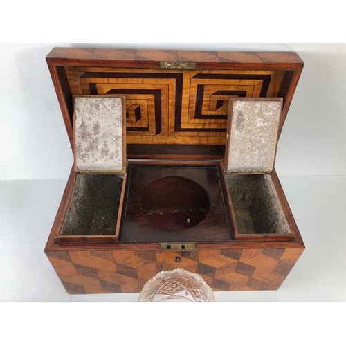 127 - Antique tea caddy, early 19th century caddy box inlaid with a geometric design in exotic woods the i... 