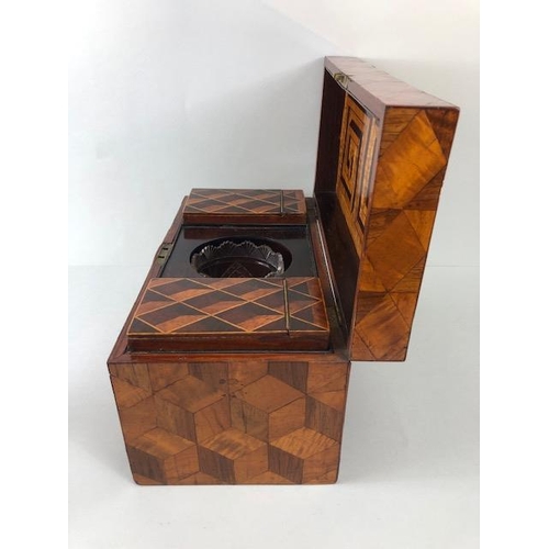 127 - Antique tea caddy, early 19th century caddy box inlaid with a geometric design in exotic woods the i... 