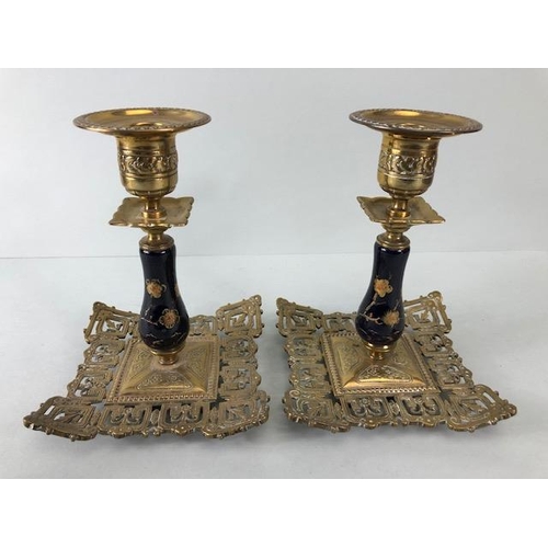 128 - Oriental interest, Pair of 19th century Chinoiserie brass candlesticks of open fret work , cobalt bl... 