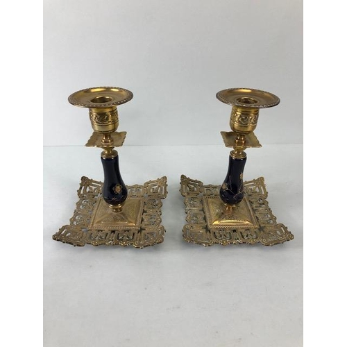 128 - Oriental interest, Pair of 19th century Chinoiserie brass candlesticks of open fret work , cobalt bl... 