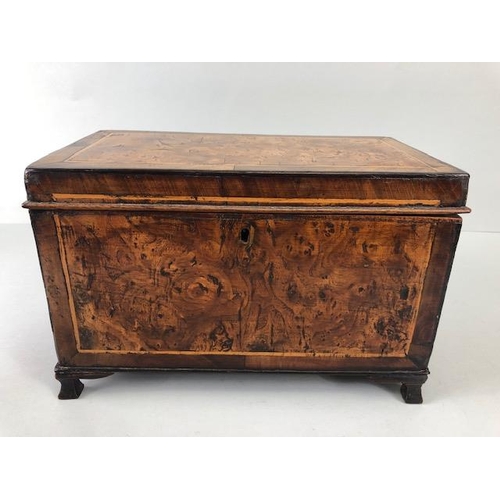 130 - Antique Tea caddy, 19th century wooden caddy with burr walnut panels the interior striped and lined ... 