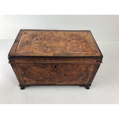 130 - Antique Tea caddy, 19th century wooden caddy with burr walnut panels the interior striped and lined ... 