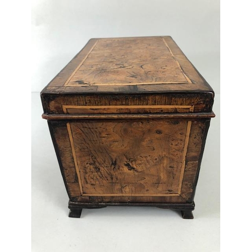 130 - Antique Tea caddy, 19th century wooden caddy with burr walnut panels the interior striped and lined ... 