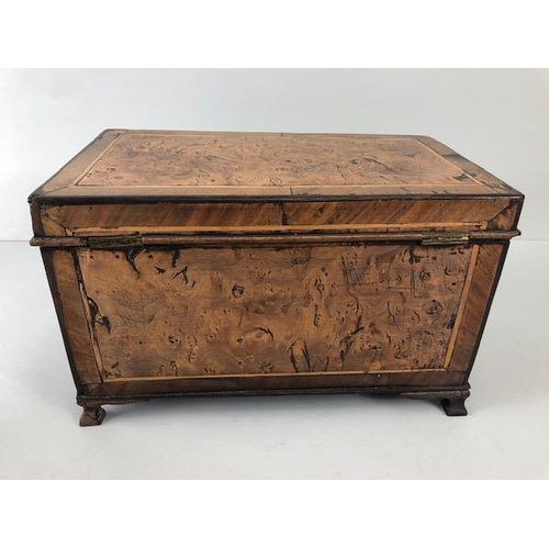 130 - Antique Tea caddy, 19th century wooden caddy with burr walnut panels the interior striped and lined ... 