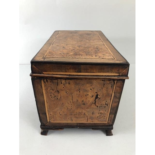 130 - Antique Tea caddy, 19th century wooden caddy with burr walnut panels the interior striped and lined ... 