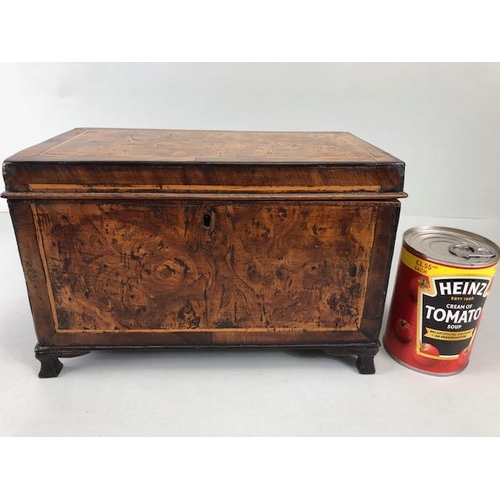 130 - Antique Tea caddy, 19th century wooden caddy with burr walnut panels the interior striped and lined ... 