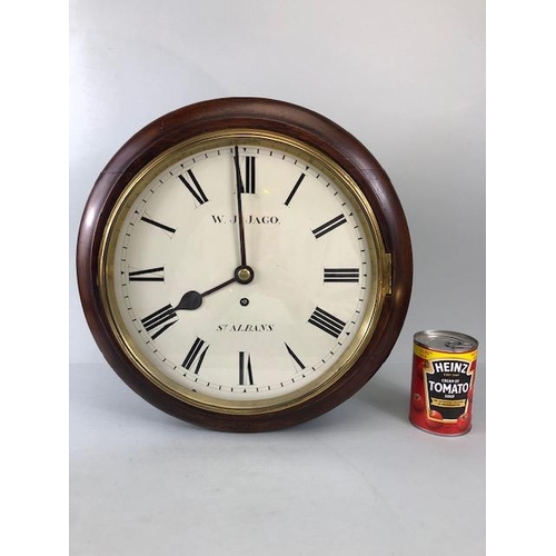 133 - Antique Clock, Round dial eight day wall clock mahogany case with brass framed dial, Roman numerals ... 