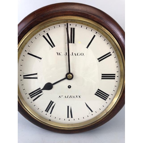 133 - Antique Clock, Round dial eight day wall clock mahogany case with brass framed dial, Roman numerals ... 