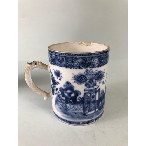 136 - Oriental ceramics, Chinese 18th century export blue and white tankard with dragon handle A.F approxi... 