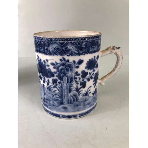 136 - Oriental ceramics, Chinese 18th century export blue and white tankard with dragon handle A.F approxi... 