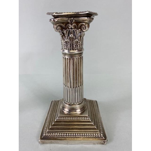 14 - Pair of Victorian Hallmarked Silver Corinthian Column candlesticks on stepped bases with beaded desi... 