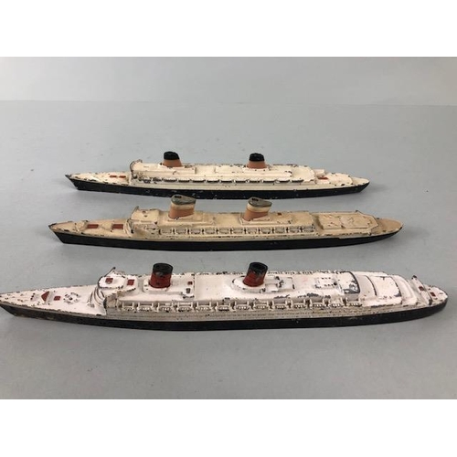 143 - Vintage Toys, Three play worn Tri-Ang Ocean Liners, SS France, SS United States, RMS Queen Elizabeth... 