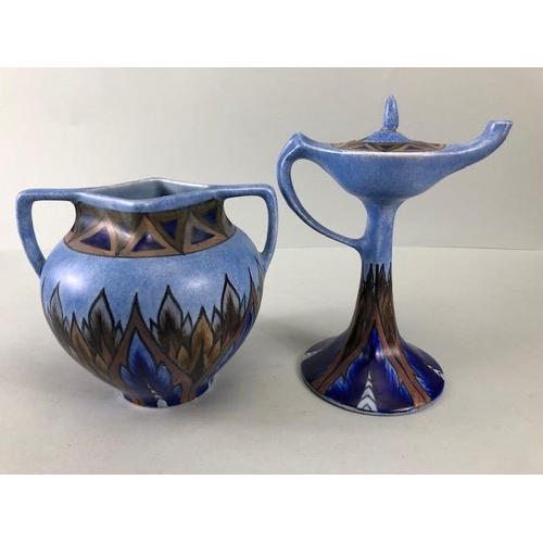 152 - Chameleon ware mid century hand painted, twin handle jug the base stamped with the chameleon ware ma... 