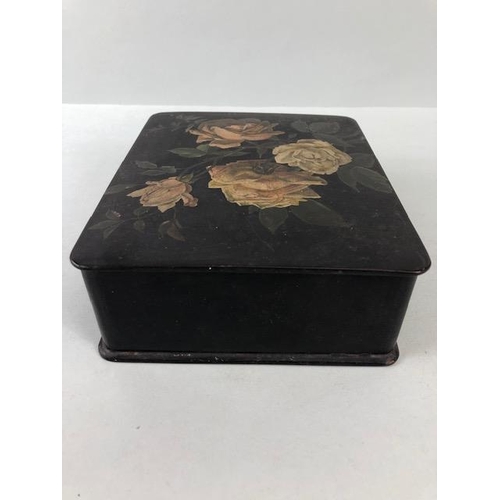 153 - Victorian paper mâché jewellery box, the lid decorated with roses, red  interior, approximately 18 x... 