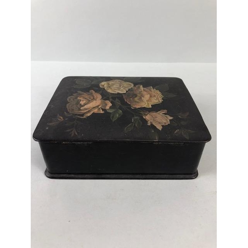 153 - Victorian paper mâché jewellery box, the lid decorated with roses, red  interior, approximately 18 x... 