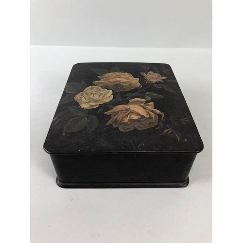 153 - Victorian paper mâché jewellery box, the lid decorated with roses, red  interior, approximately 18 x... 