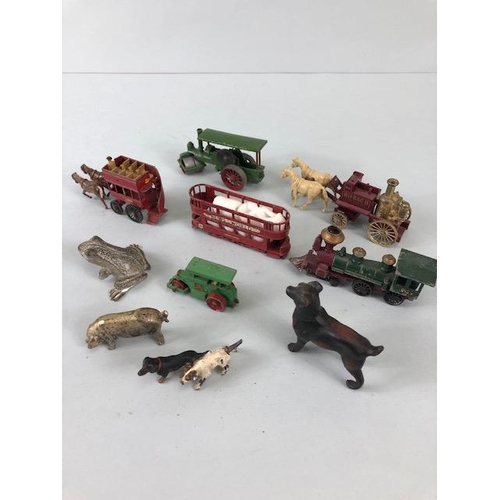 158 - vintage toy interest, five  play worn Lesney vehicles, train, bus, tram, steam roller x2 and a Lledo... 