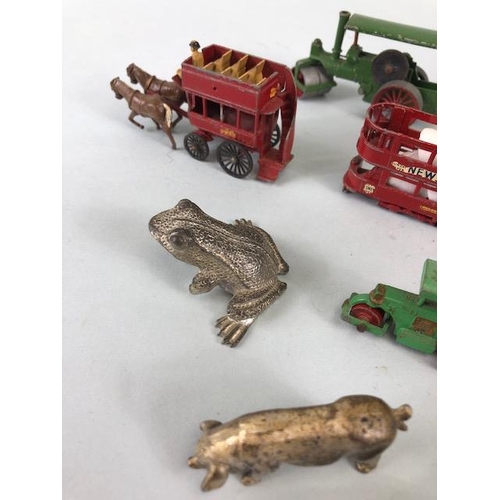 158 - vintage toy interest, five  play worn Lesney vehicles, train, bus, tram, steam roller x2 and a Lledo... 