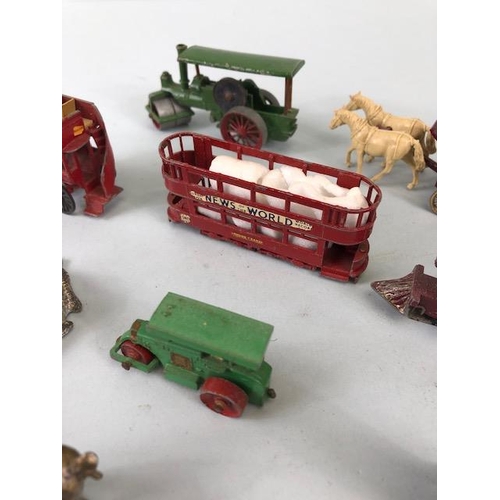 158 - vintage toy interest, five  play worn Lesney vehicles, train, bus, tram, steam roller x2 and a Lledo... 