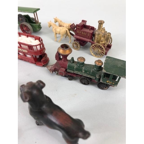 158 - vintage toy interest, five  play worn Lesney vehicles, train, bus, tram, steam roller x2 and a Lledo... 