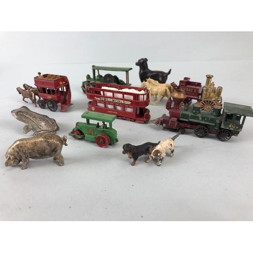 158 - vintage toy interest, five  play worn Lesney vehicles, train, bus, tram, steam roller x2 and a Lledo... 