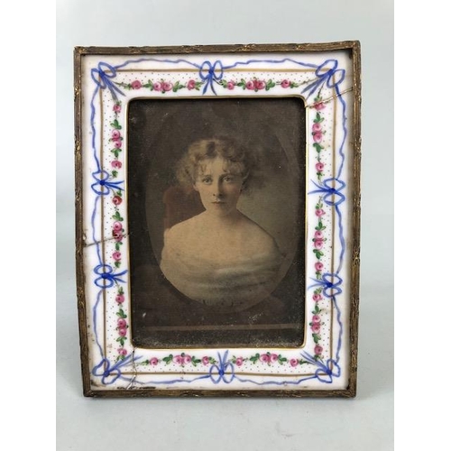 159 - Antique photo frame, 19th century French hand painted porcelain easel back frame with gilt metal sur... 