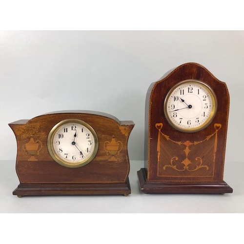 173 - Antique Clocks, Two Edwardian wooden cased mantel clocks, both inlaid with typical marquetery work d... 