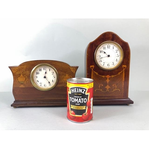 173 - Antique Clocks, Two Edwardian wooden cased mantel clocks, both inlaid with typical marquetery work d... 