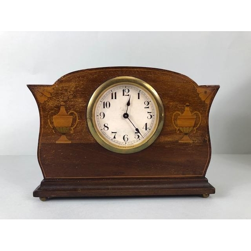 173 - Antique Clocks, Two Edwardian wooden cased mantel clocks, both inlaid with typical marquetery work d... 