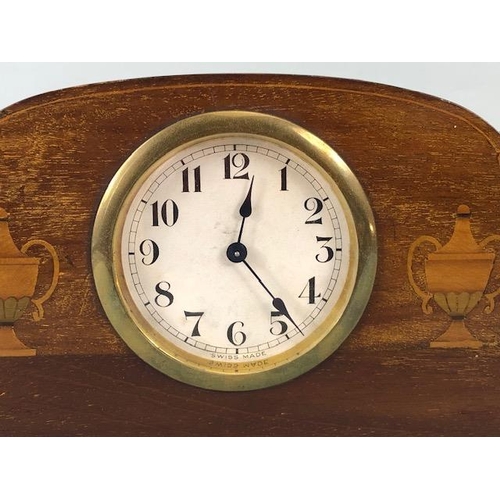 173 - Antique Clocks, Two Edwardian wooden cased mantel clocks, both inlaid with typical marquetery work d... 